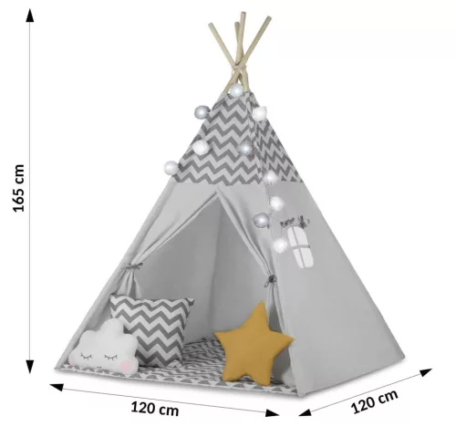 Gyereksátor, Nukido Tipi, fényfüzérrel, 120 x 120 x 165 cm, szürke, 175 g/m2 pamut, fenyőfa rudak, 3 párna és szigetelő szőnyeg, hordtáska