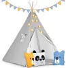 Gyereksátor, Nukido Tipi, fényfüzérrel, 120 x 120 x 165 cm, szürke, Montessori stílusú, pamut, fenyőfa rudak, 3 párna, szőnyeg