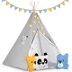 Gyereksátor, Nukido Tipi, fényfüzérrel, 120 x 120 x 165 cm, szürke, Montessori stílusú, pamut, fenyőfa rudak, 3 párna, szőnyeg