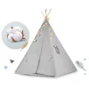 Gyereksátor, Nukido Tipi, fényfüzérrel, 120 x 120 x 165 cm, szürke, Montessori stílusú, pamut, fenyőfa rudak, 3 párna, szőnyeg