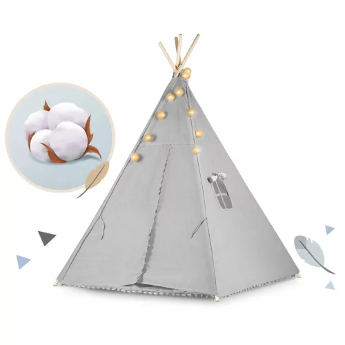 Gyereksátor, Nukido Tipi, fényfüzérrel, 120 x 120 x 165 cm, szürke, Montessori stílusú, pamut, fenyőfa rudak, 3 párna, szőnyeg