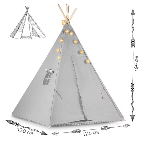 Gyereksátor, Nukido Tipi, fényfüzérrel, 120 x 120 x 165 cm, szürke, Montessori stílusú, pamut, fenyőfa rudak, 3 párna, szőnyeg