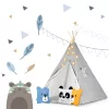 Gyereksátor, Nukido Tipi, fényfüzérrel, 120 x 120 x 165 cm, szürke, Montessori stílusú, pamut, fenyőfa rudak, 3 párna, szőnyeg