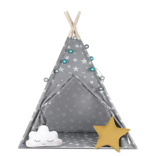 Gyereksátor, Nukido Tipi, fényfüzérrel, 120 x 120 x 165 cm, szürke, csillagmintás, pamut, 2 párnával, varrott padlóval, stabilizátorral
