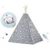 Gyereksátor, Nukido Tipi, fényfüzérrel, 120 x 120 x 165 cm, szürke, csillagmintás, pamut, 2 párnával, varrott padlóval, stabilizátorral
