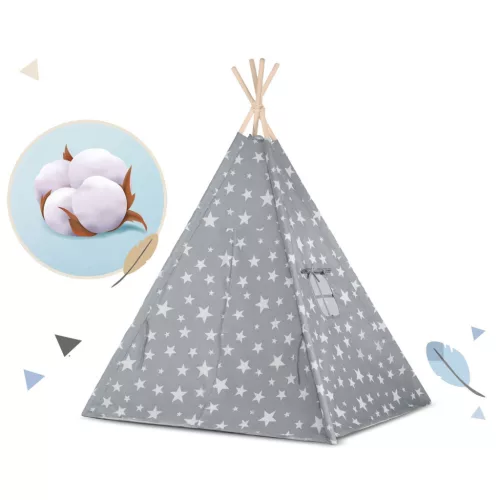 Gyereksátor, Nukido Tipi, fényfüzérrel, 120 x 120 x 165 cm, szürke, csillagmintás, pamut, 2 párnával, varrott padlóval, stabilizátorral