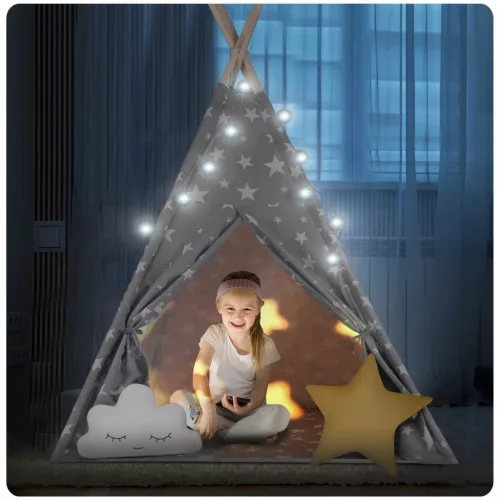 Gyereksátor, Nukido Tipi, fényfüzérrel, 120 x 120 x 165 cm, szürke, csillagmintás, pamut, 2 párnával, varrott padlóval, stabilizátorral
