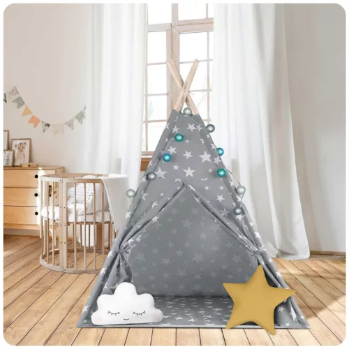 Gyereksátor, Nukido Tipi, fényfüzérrel, 120 x 120 x 165 cm, szürke, csillagmintás, pamut, 2 párnával, varrott padlóval, stabilizátorral