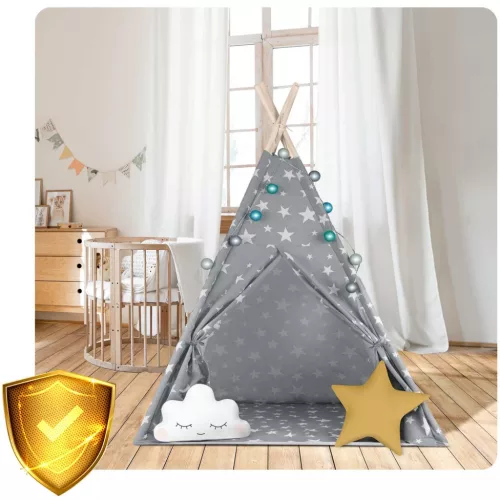 Gyereksátor, Nukido Tipi, fényfüzérrel, 120 x 120 x 165 cm, szürke, csillagmintás, pamut, 2 párnával, varrott padlóval, stabilizátorral