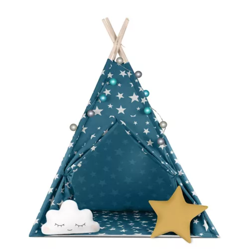 Gyereksátor, Nukido Tipi, fényfüzérrel, 120 x 120 x 165 cm, kék, 175 g/m2 pamut, 2 párna, varrott padló, hordtáska