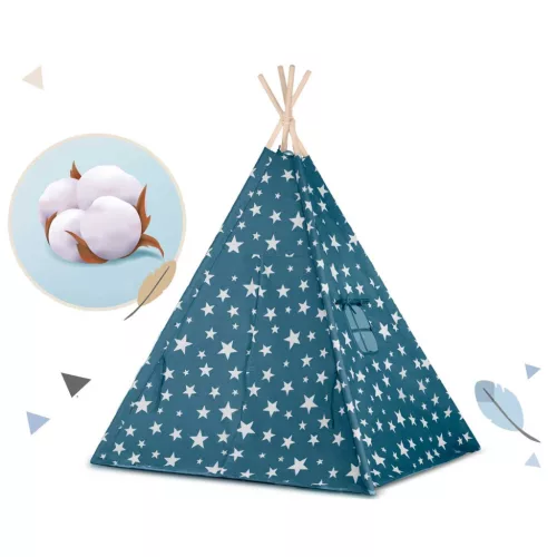 Gyereksátor, Nukido Tipi, fényfüzérrel, 120 x 120 x 165 cm, kék, 175 g/m2 pamut, 2 párna, varrott padló, hordtáska