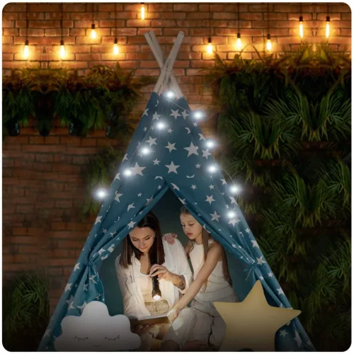 Gyereksátor, Nukido Tipi, fényfüzérrel, 120 x 120 x 165 cm, kék, 175 g/m2 pamut, 2 párna, varrott padló, hordtáska