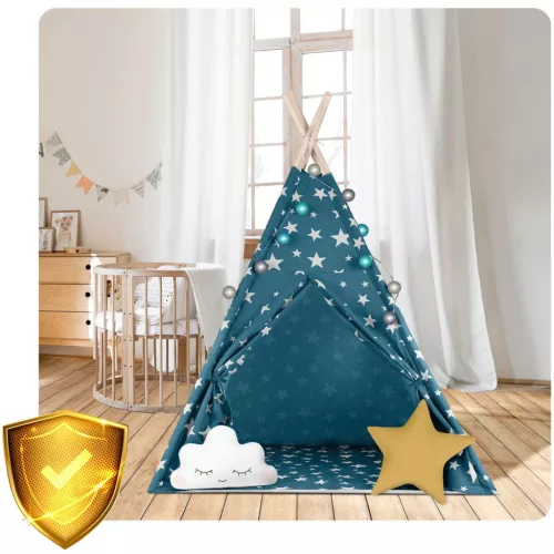 Gyereksátor, Nukido Tipi, fényfüzérrel, 120 x 120 x 165 cm, kék, 175 g/m2 pamut, 2 párna, varrott padló, hordtáska