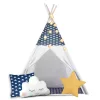 Gyereksátor, Nukido Tipi, fényfüzérrel, 120 x 120 x 165 cm, sötétkék, prémium pamut, fenyőfa rudak, 3 párna, vastag szigetelő matrac