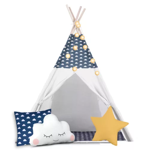 Gyereksátor, Nukido Tipi, fényfüzérrel, 120 x 120 x 165 cm, sötétkék, prémium pamut, fenyőfa rudak, 3 párna, vastag szigetelő matrac