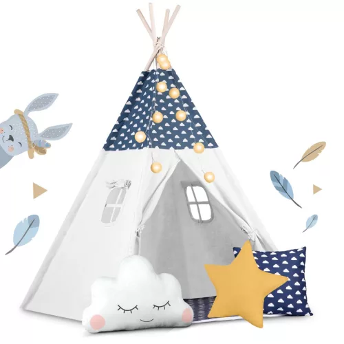 Gyereksátor, Nukido Tipi, fényfüzérrel, 120 x 120 x 165 cm, sötétkék, prémium pamut, fenyőfa rudak, 3 párna, vastag szigetelő matrac