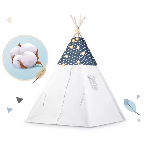 Gyereksátor, Nukido Tipi, fényfüzérrel, 120 x 120 x 165 cm, sötétkék, prémium pamut, fenyőfa rudak, 3 párna, vastag szigetelő matrac