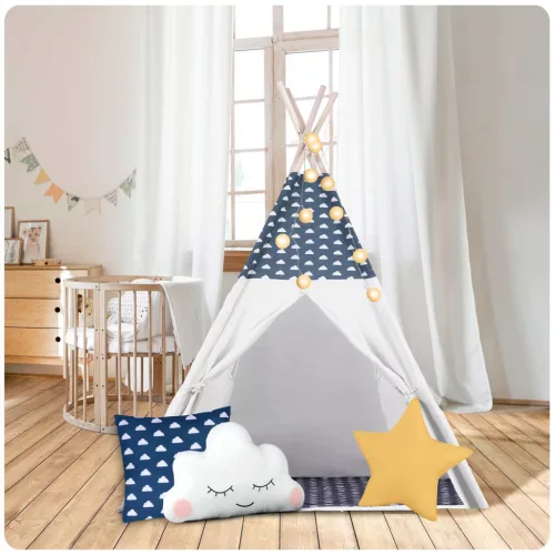 Gyereksátor, Nukido Tipi, fényfüzérrel, 120 x 120 x 165 cm, sötétkék, prémium pamut, fenyőfa rudak, 3 párna, vastag szigetelő matrac