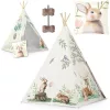Gyereksátor, Nukido Tipi, Nyuszis minta, 114 × 114 × 165 cm, bézs, stabilizátorral, nyuszis párnával, fenyőfa rudak, könnyen összeszerelhető