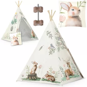  Gyereksátor, Nukido Tipi, Nyuszis minta, 114 × 114 × 165 cm, bézs, stabilizátorral, nyuszis párnával, fenyőfa rudak, könnyen összeszerelhető