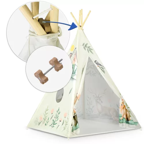 Gyereksátor, Nukido Tipi, Nyuszis minta, 114 × 114 × 165 cm, bézs, stabilizátorral, nyuszis párnával, fenyőfa rudak, könnyen összeszerelhető