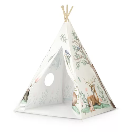 Gyereksátor, Nukido Tipi, Nyuszis minta, 114 × 114 × 165 cm, bézs, stabilizátorral, nyuszis párnával, fenyőfa rudak, könnyen összeszerelhető