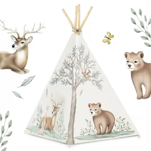Gyereksátor, Nukido Tipi, Nyuszis minta, 114 × 114 × 165 cm, bézs, stabilizátorral, nyuszis párnával, fenyőfa rudak, könnyen összeszerelhető