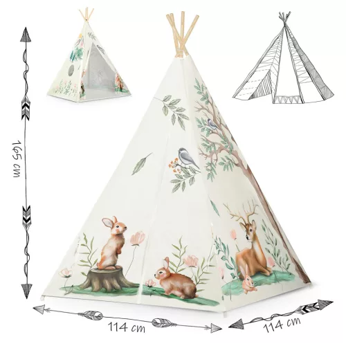 Gyereksátor, Nukido Tipi, Nyuszis minta, 114 × 114 × 165 cm, bézs, stabilizátorral, nyuszis párnával, fenyőfa rudak, könnyen összeszerelhető
