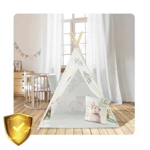 Gyereksátor, Nukido Tipi, Nyuszis minta, 114 × 114 × 165 cm, bézs, stabilizátorral, nyuszis párnával, fenyőfa rudak, könnyen összeszerelhető