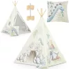 Gyereksátor, Nukido Tipi, Dinoszaurusz minta, 114 × 114 × 165 cm, stabilizátorral és vastag párnával, ablakos, poliészter huzat, fenyőfa rudak, könnyen összeszerelhető