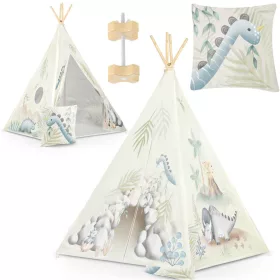   Gyereksátor, Nukido Tipi, Dinoszaurusz minta, 114 × 114 × 165 cm, stabilizátorral és vastag párnával, ablakos, poliészter huzat, fenyőfa rudak, könnyen összeszerelhető