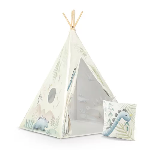 Gyereksátor, Nukido Tipi, Dinoszaurusz minta, 114 × 114 × 165 cm, stabilizátorral és vastag párnával, ablakos, poliészter huzat, fenyőfa rudak, könnyen összeszerelhető