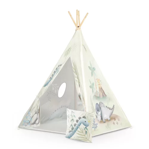 Gyereksátor, Nukido Tipi, Dinoszaurusz minta, 114 × 114 × 165 cm, stabilizátorral és vastag párnával, ablakos, poliészter huzat, fenyőfa rudak, könnyen összeszerelhető