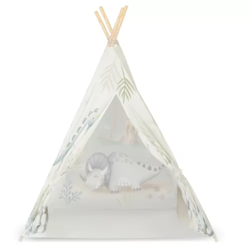 Gyereksátor, Nukido Tipi, Dinoszaurusz minta, 114 × 114 × 165 cm, stabilizátorral és vastag párnával, ablakos, poliészter huzat, fenyőfa rudak, könnyen összeszerelhető