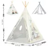 Gyereksátor, Nukido Tipi, Dinoszaurusz minta, 114 × 114 × 165 cm, stabilizátorral és vastag párnával, ablakos, poliészter huzat, fenyőfa rudak, könnyen összeszerelhető