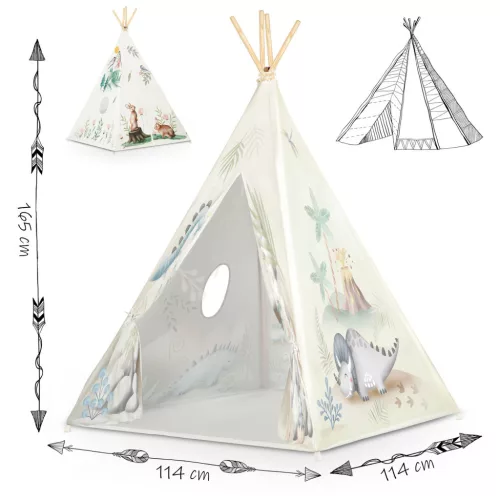 Gyereksátor, Nukido Tipi, Dinoszaurusz minta, 114 × 114 × 165 cm, stabilizátorral és vastag párnával, ablakos, poliészter huzat, fenyőfa rudak, könnyen összeszerelhető