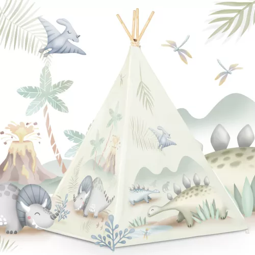 Gyereksátor, Nukido Tipi, Dinoszaurusz minta, 114 × 114 × 165 cm, stabilizátorral és vastag párnával, ablakos, poliészter huzat, fenyőfa rudak, könnyen összeszerelhető