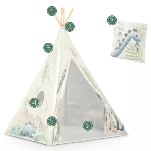 Gyereksátor, Nukido Tipi, Dinoszaurusz minta, 114 × 114 × 165 cm, stabilizátorral és vastag párnával, ablakos, poliészter huzat, fenyőfa rudak, könnyen összeszerelhető