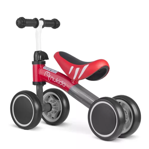 Négykerekű futóbicikli, Nukido NK-600, piros/szürke, EVA habkerekek 14 cm, acél váz, ülésmagasság: 27 cm, puha ülés, gumírozott markolat