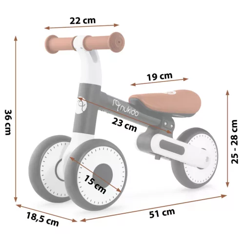 Háromkerekű futóbicikli, Nukido NK-603, fekete, EVA habkerekek 15 cm, állítható ülésmagasság 25-28 cm, kormányfordulás határoló, 12 hónapos kortól (TE760300)