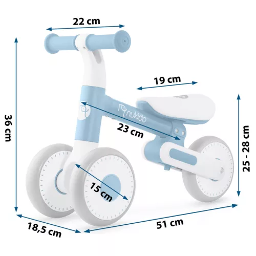 Háromkerekű futóbicikli, Nukido NK-603, kék, EVA habkerekek 15 cm, állítható ülésmagasság 25-28 cm, kormányfordulás határoló, 12 hónapos kortól (TE760303)