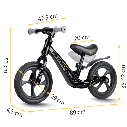 Kétkerekű futóbicikli, Ricokids Funnu, fekete, magnézium váz, EVA habkerekek 29 cm, állítható ülésmagasság 35-42 cm, gumírozott markolatok ütközőkkel, könnyű (TE760500)