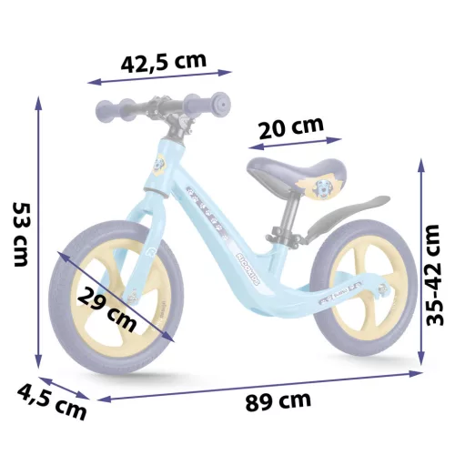 Kétkerekű futóbicikli, Ricokids Funnu, világoskék, magnézium váz, EVA habkerekek 29 cm, állítható ülésmagasság 35-42 cm, gumírozott markolatok ütközőkkel, könnyű (TE760505)