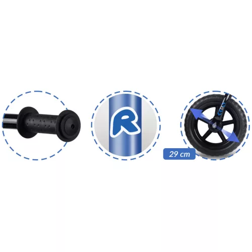 Kétkerekű futóbicikli, Ricokids RK-607, kék, acél váz, EVA habkerekek 29 cm, állítható ülésmagasság 32-42 cm, csúszásmentes markolatok ütközőkkel, könnyű (TE760701)