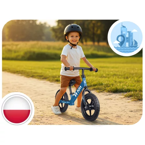 Kétkerekű futóbicikli, Ricokids RK-607, kék, acél váz, EVA habkerekek 29 cm, állítható ülésmagasság 32-42 cm, csúszásmentes markolatok ütközőkkel, könnyű (TE760701)