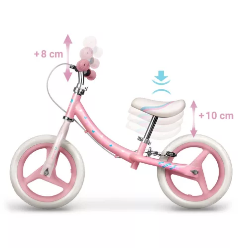 Kétkerekű futóbicikli, Ricokids Fun Adventure, rózsaszín, acél váz, EVA hab kerekek 29 cm, állítható ülésmagasság 32-42 cm, hátsó fék, ultrakönnyű (TE760801)