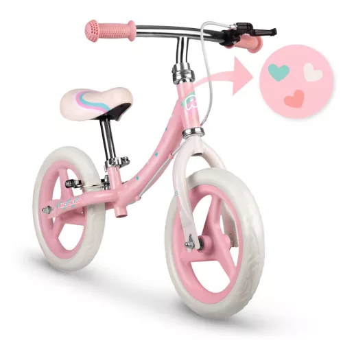 Kétkerekű futóbicikli, Ricokids Fun Adventure, rózsaszín, acél váz, EVA hab kerekek 29 cm, állítható ülésmagasság 32-42 cm, hátsó fék, ultrakönnyű (TE760801)