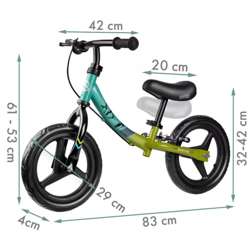 Kétkerekű futóbicikli, Ricokids Fun Adventure, zöld, acél váz, EVA hab kerekek 29 cm, állítható ülésmagasság 32-42 cm, hátsó fék, ultrakönnyű (TE760802)