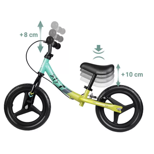 Kétkerekű futóbicikli, Ricokids Fun Adventure, zöld, acél váz, EVA hab kerekek 29 cm, állítható ülésmagasság 32-42 cm, hátsó fék, ultrakönnyű (TE760802)