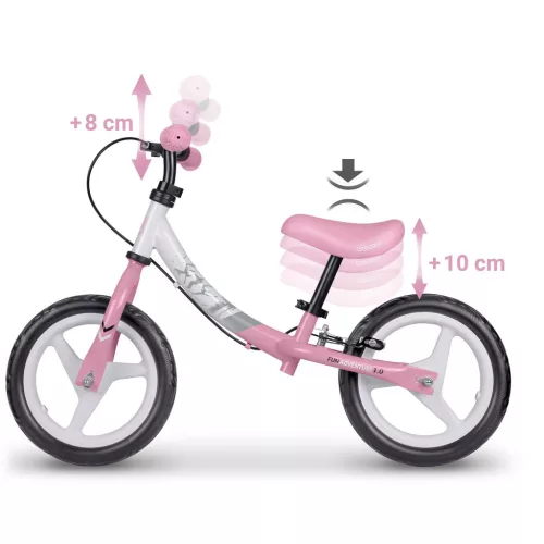 Kétkerekű futóbicikli, Ricokids Fun Adventure, pink, acél váz, EVA hab kerekek 29 cm, állítható ülésmagasság 32-42 cm, hátsó fék, ultrakönnyű (TE760803)